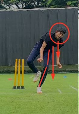 Bowler with head falling away and front elbow dropping