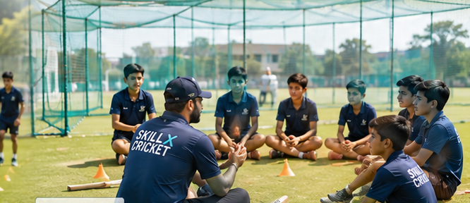 A SkillX coach in an open session with a squad of young players